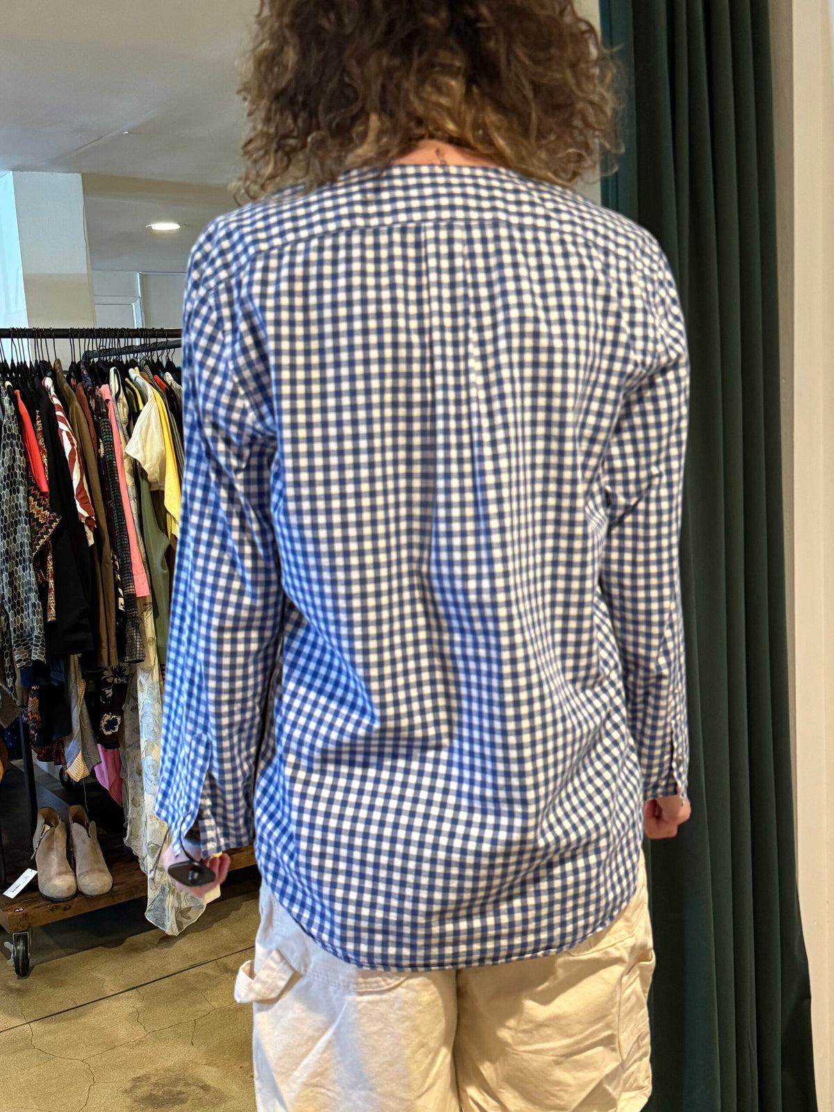 Fortuna Blue Plaid with Flowers Collarless Shirt