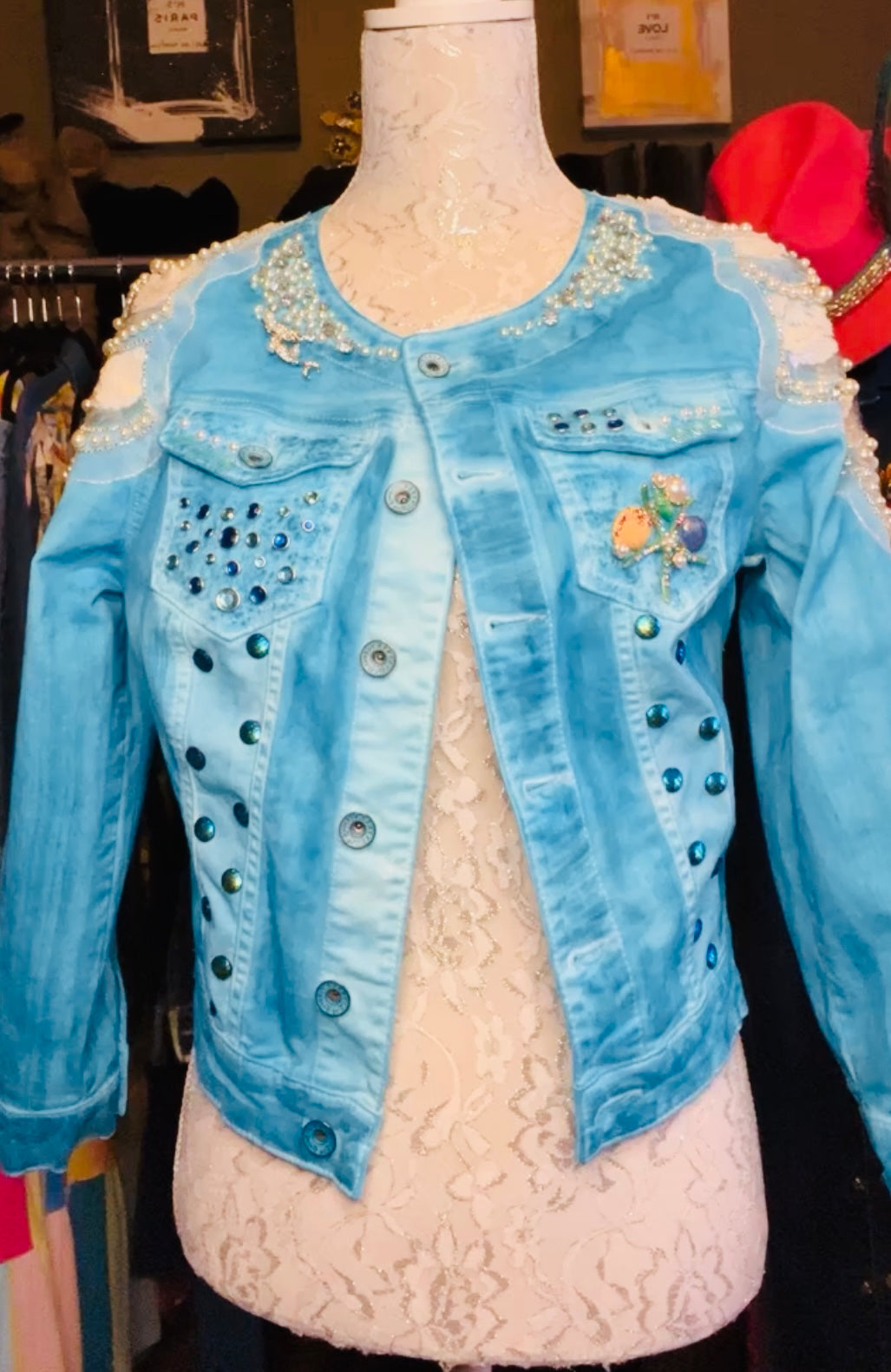 Hand dyed mermaid theme denim jacket Sz Small