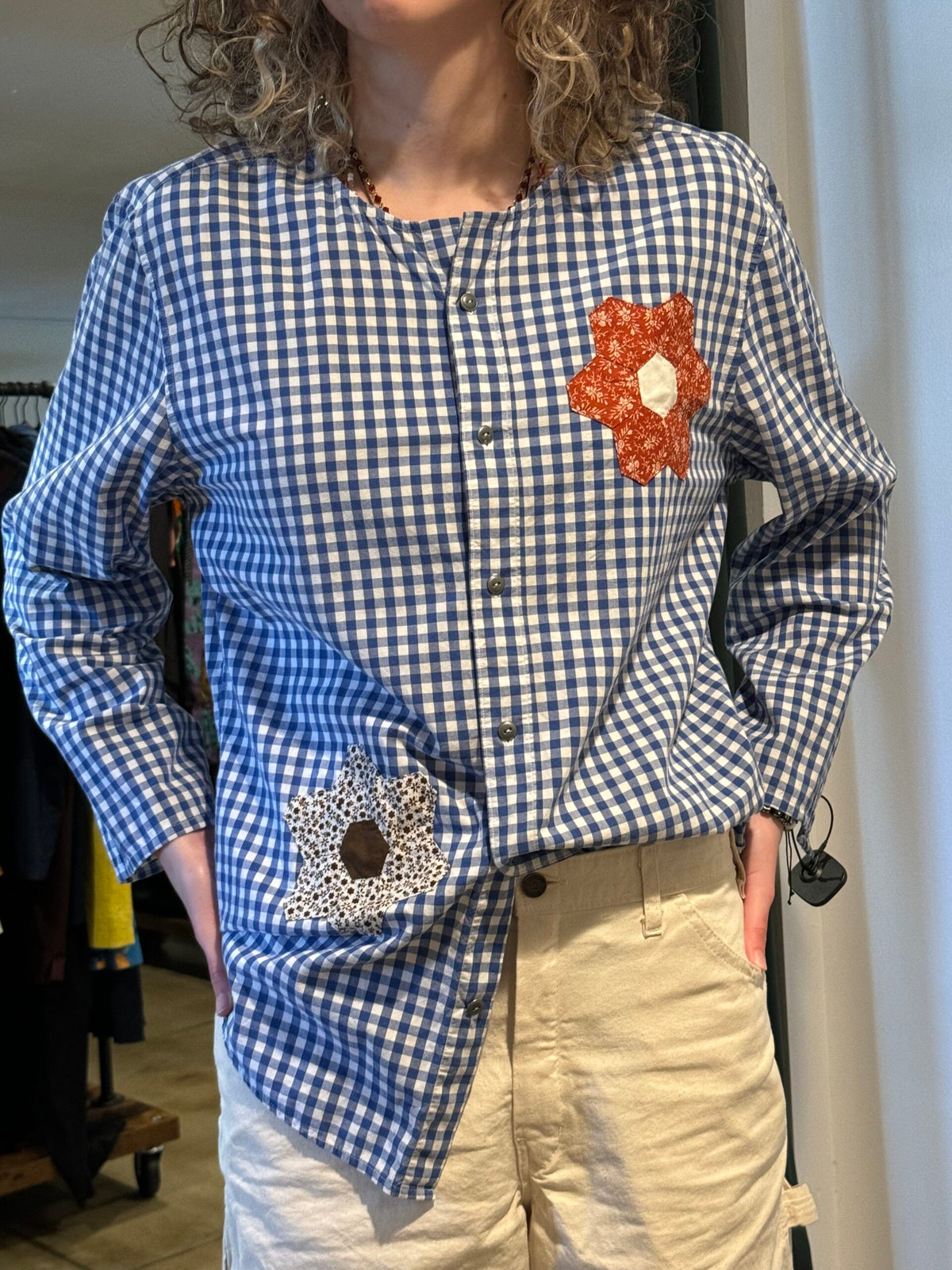 Fortuna Blue Plaid with Flowers Collarless Shirt