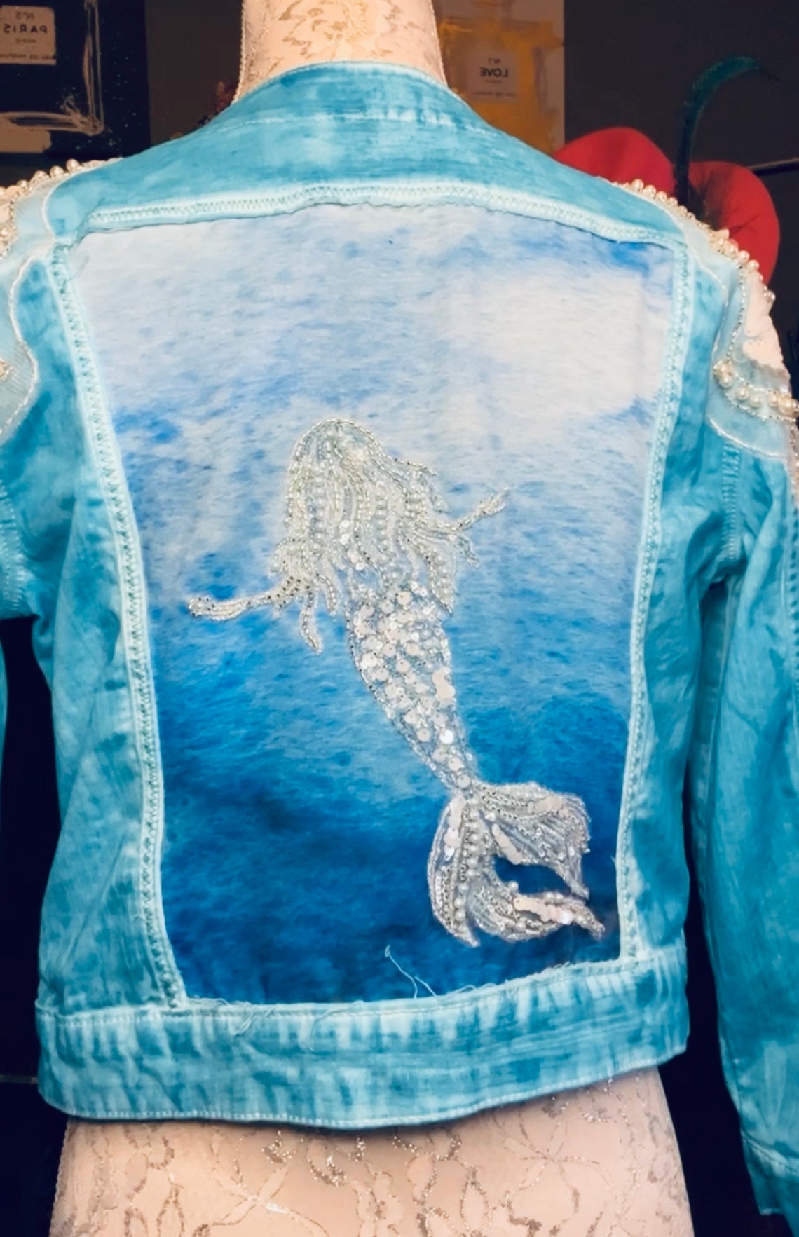 Hand dyed mermaid theme denim jacket Sz Small