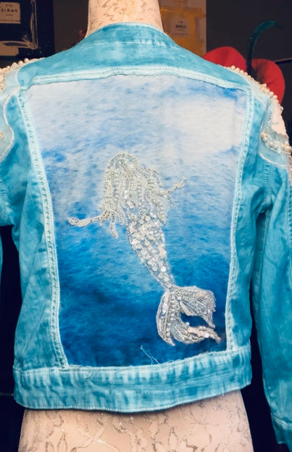 Hand dyed mermaid theme denim jacket Sz Small