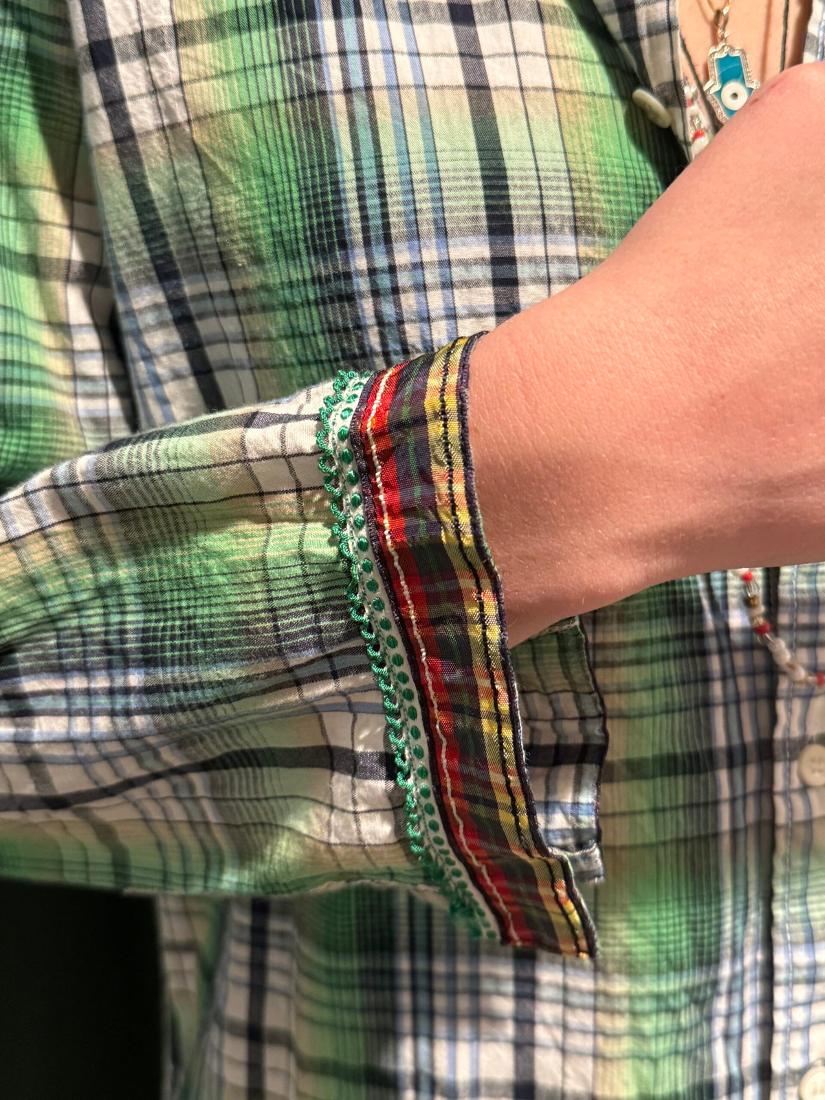 Fortuna Green Window Pane Collarless Shirt