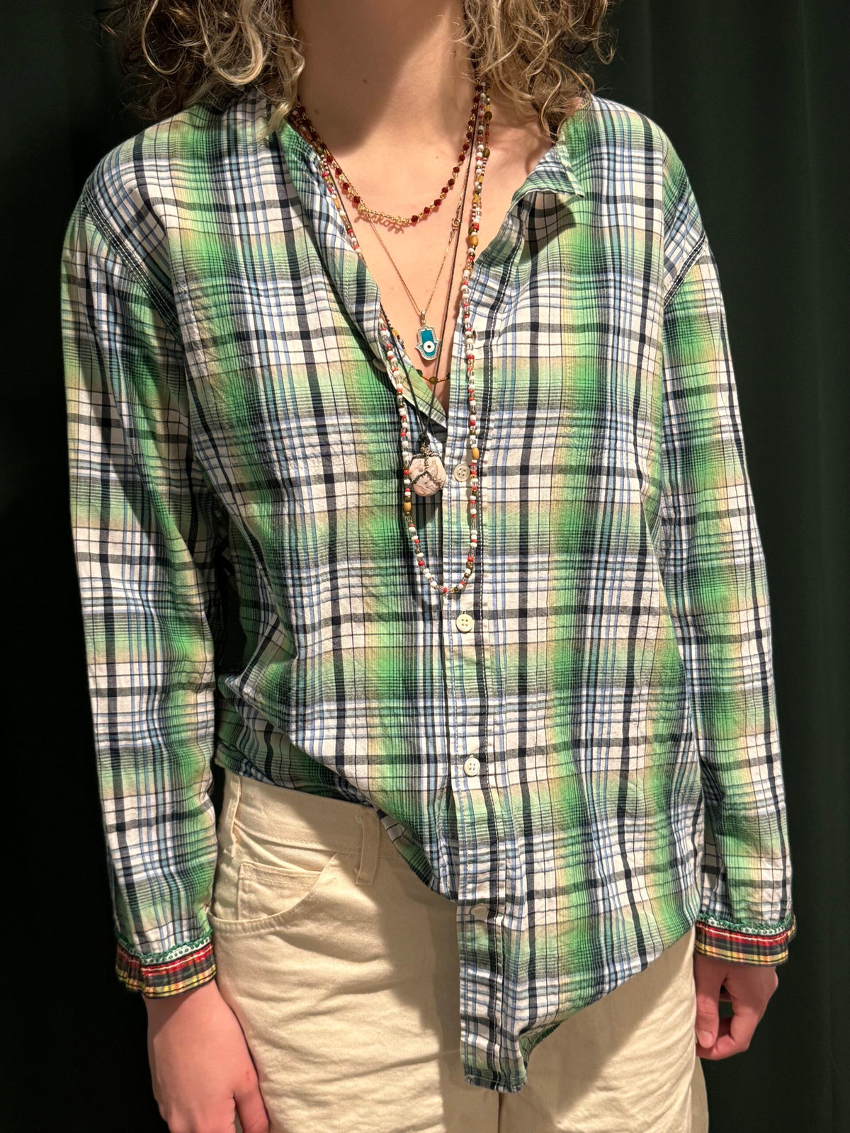 Fortuna Green Window Pane Collarless Shirt