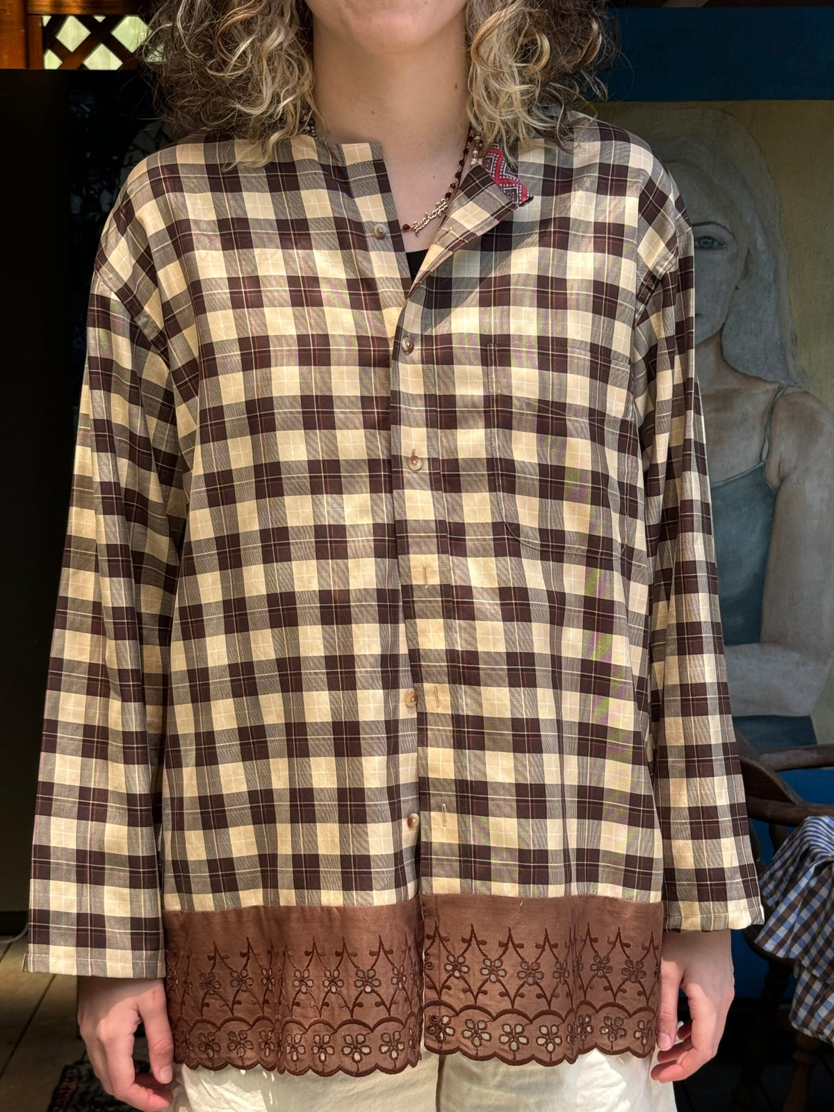 Fortuna Upcycled Collarless Shirt (Brown Plaid with Lace)