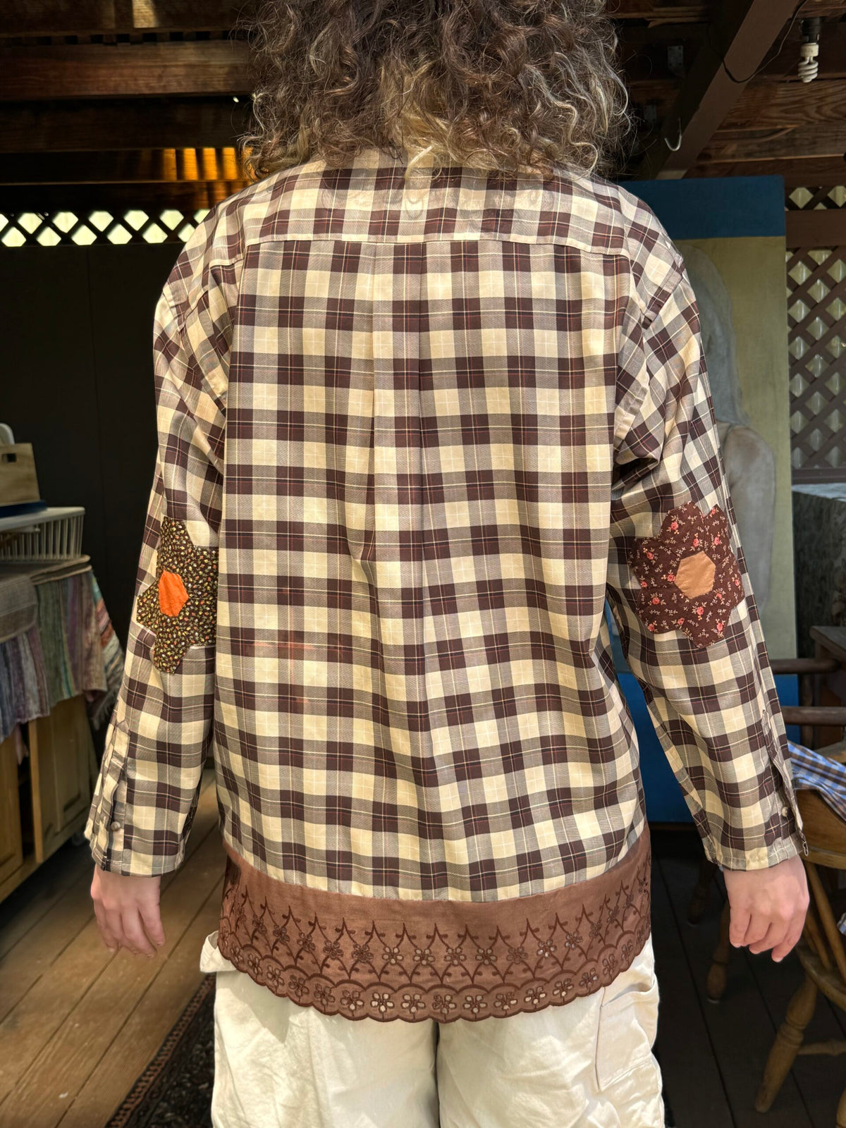 Fortuna Upcycled Collarless Shirt (Brown Plaid with Lace)