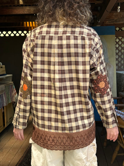 Fortuna Upcycled Collarless Shirt (Brown Plaid with Lace)