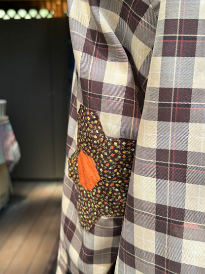 Fortuna Upcycled Collarless Shirt (Brown Plaid with Lace)