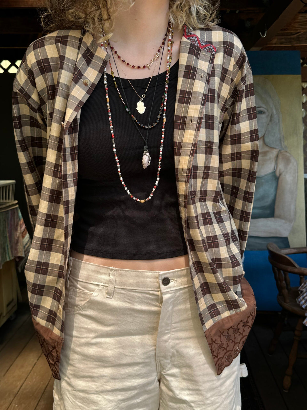 Fortuna Upcycled Collarless Shirt (Brown Plaid with Lace)