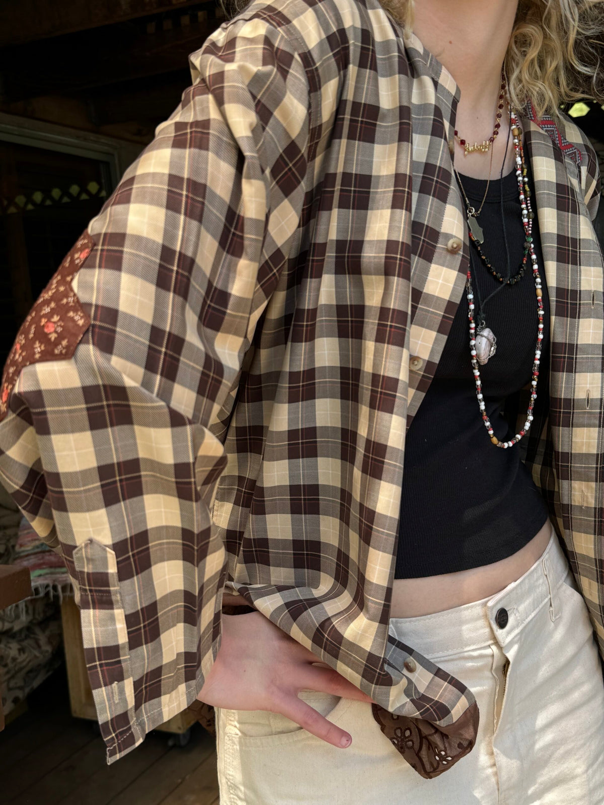 Fortuna Upcycled Collarless Shirt (Brown Plaid with Lace)