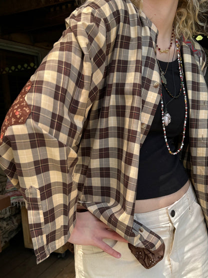 Fortuna Upcycled Collarless Shirt (Brown Plaid with Lace)