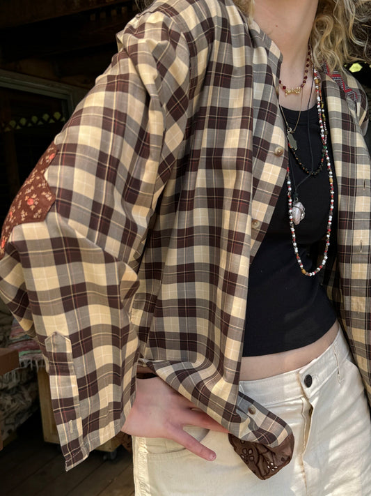 Fortuna Upcycled Collarless Shirt (Brown Plaid with Lace)