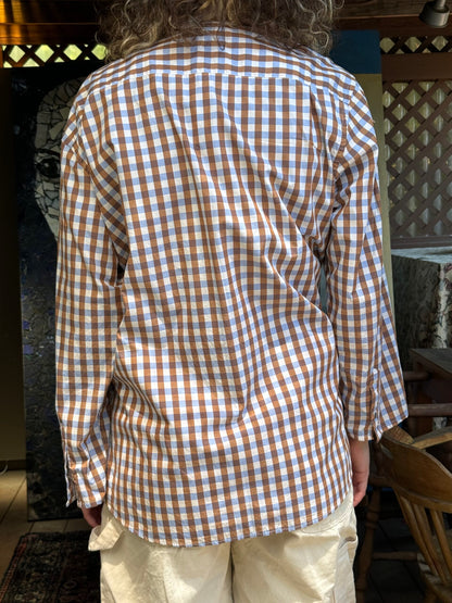 Fortuna Collarless Shirt (Brown & Blue Check)