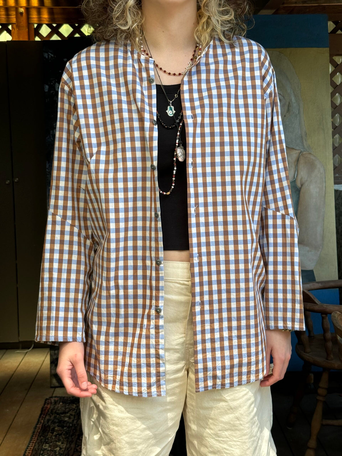 Fortuna Collarless Shirt (Brown & Blue Check)