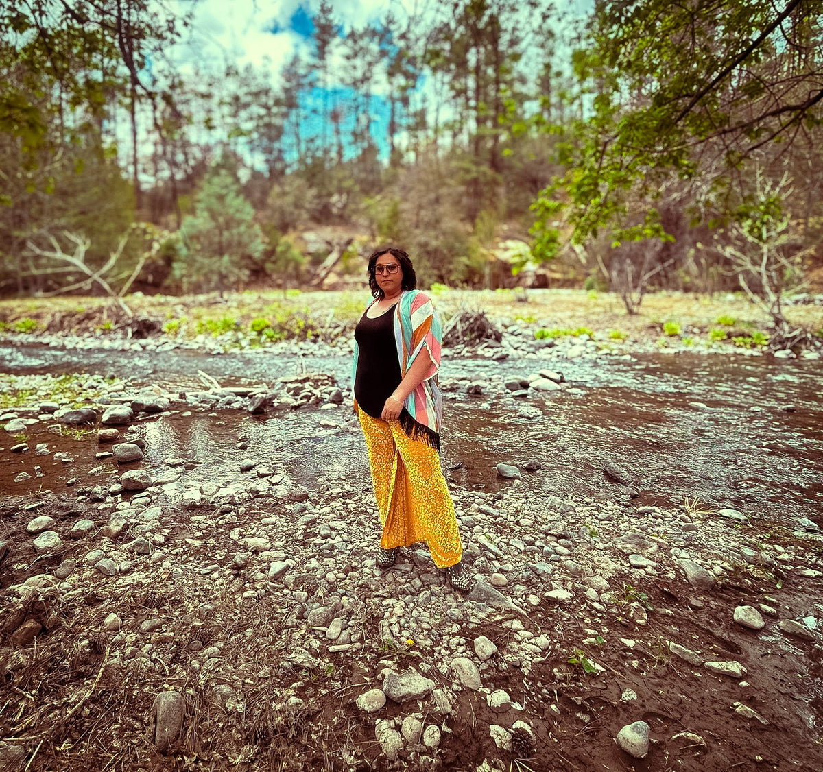 Upcycled Gold Shimmer Flare Pants by The Modern Alien, photo 2