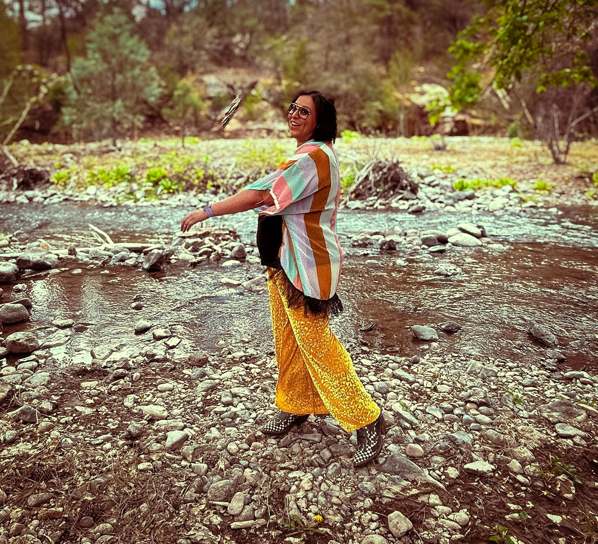 Upcycled Gold Shimmer Flare Pants by The Modern Alien, photo 8
