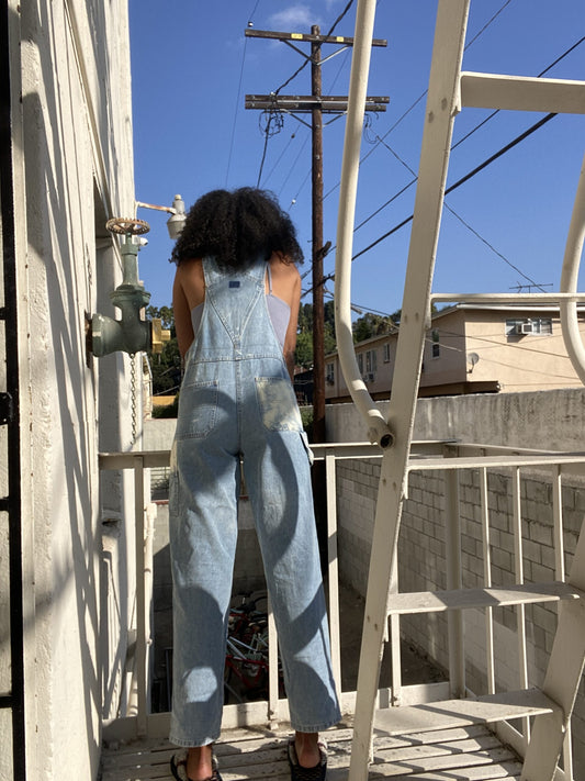 A woman standing on a ladder in overalls.
