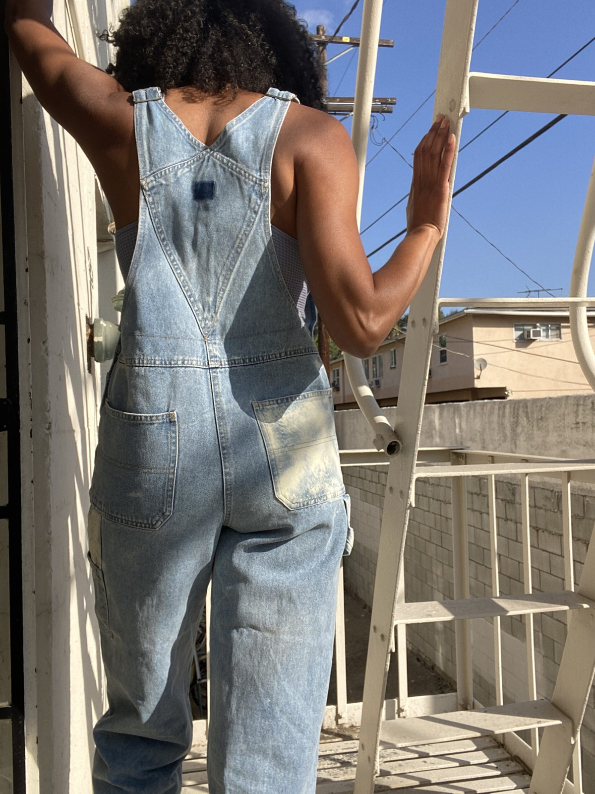 A woman in overalls standing on a ladder.