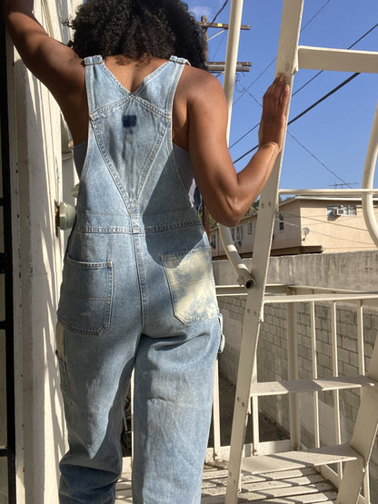 A woman in overalls standing on a ladder.