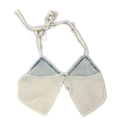A white and blue bikini top on a white background.