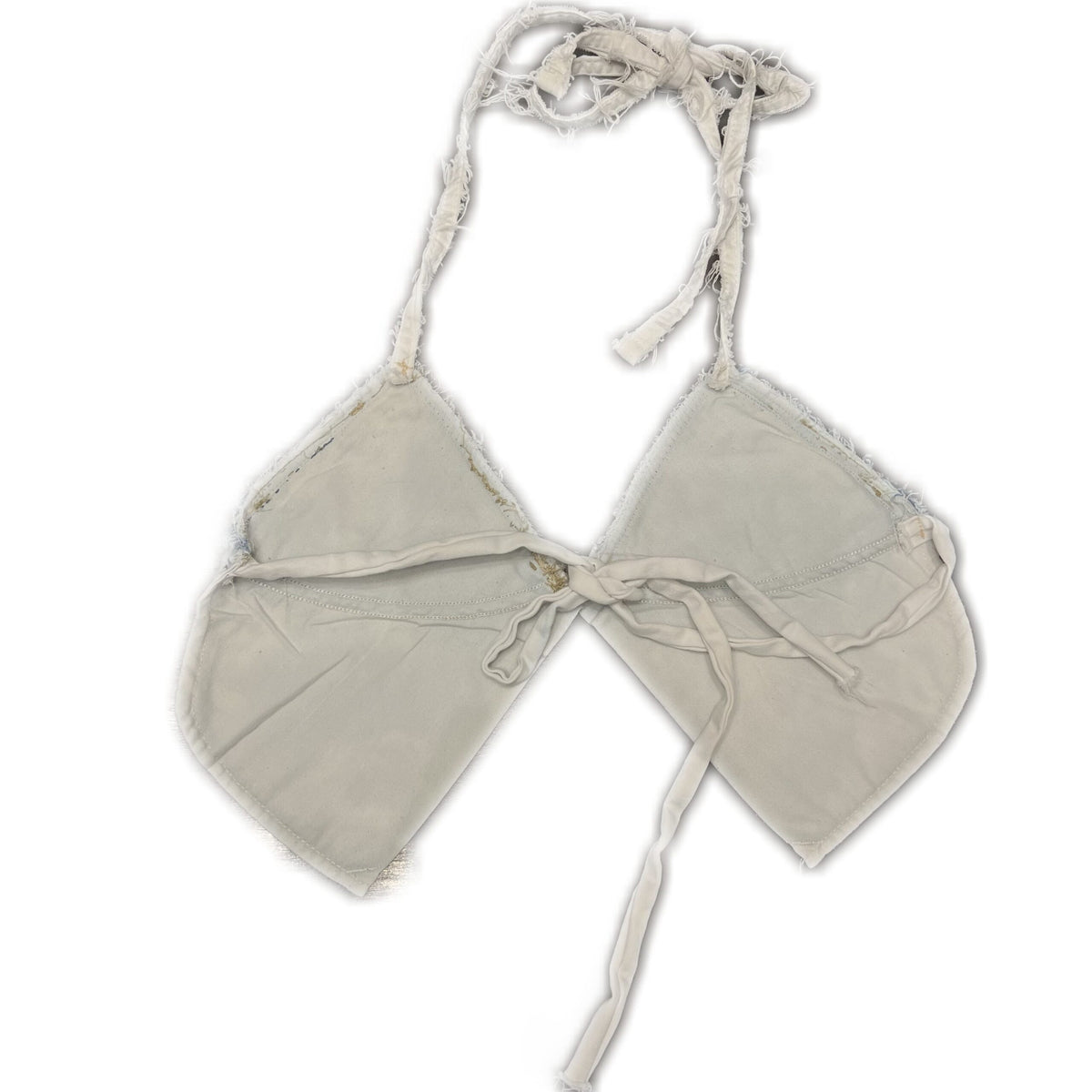 A white bikini top on a white background.
