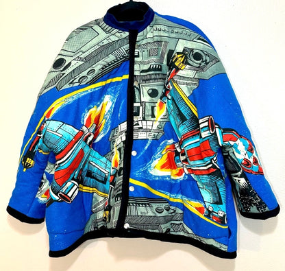 A blue jacket with a star wars design on it.