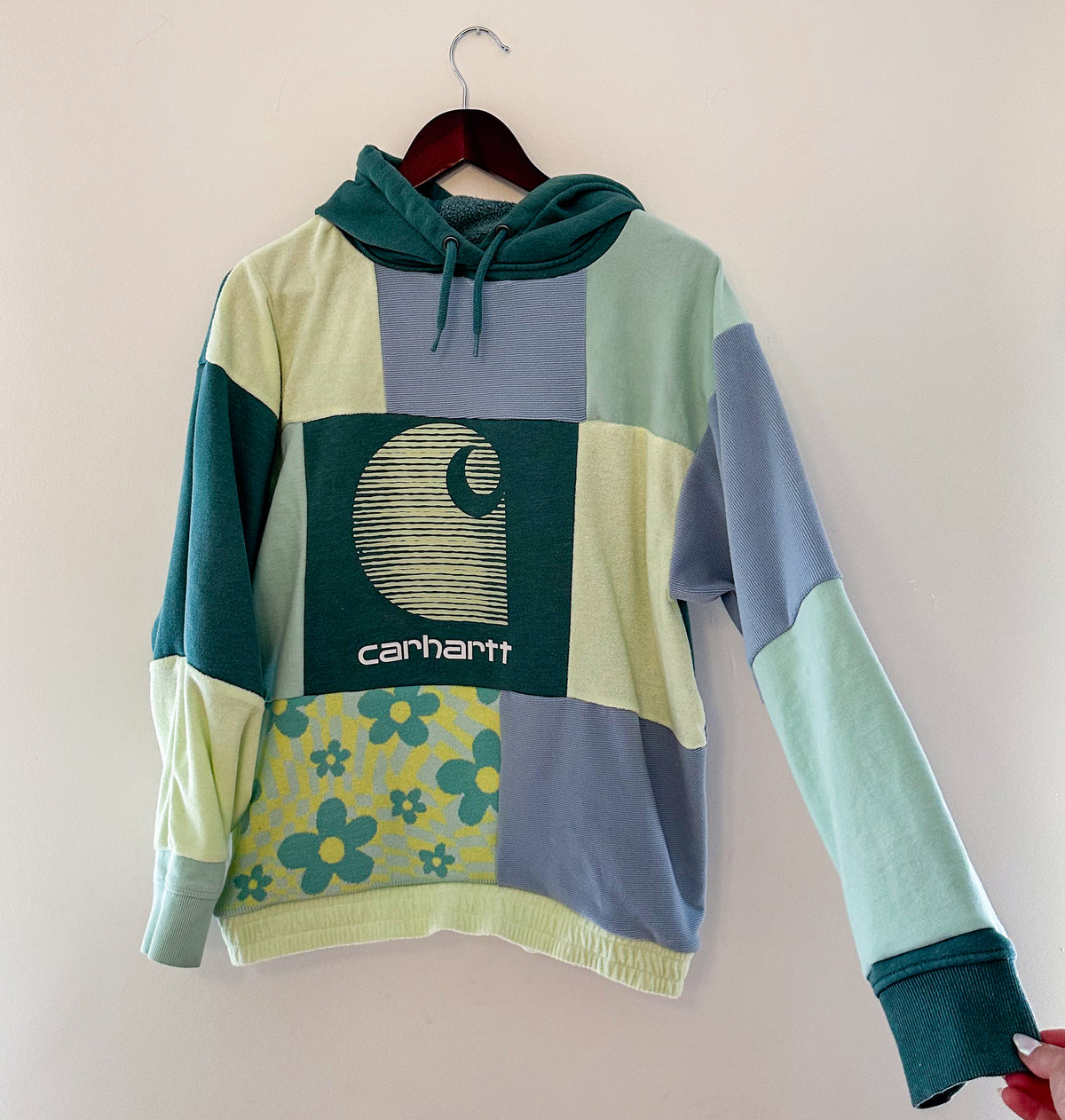 Patchwork blue and green flower carhartt reworked sweatshirt