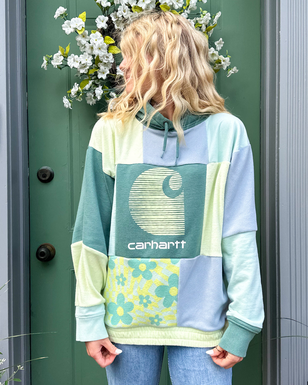 Patchwork blue and green flower carhartt reworked sweatshirt