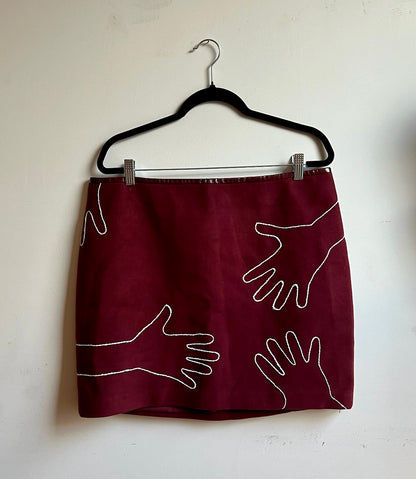 Hands Maroon Mini Skirt with White Embroidery, Size 14