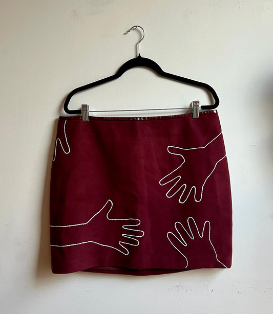 Hands Maroon Mini Skirt with White Embroidery, Size 14