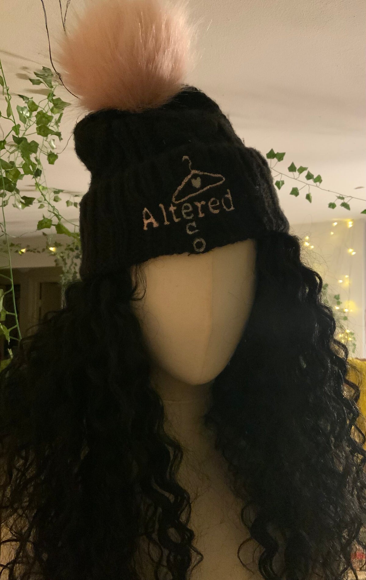 Black Cable Knit Winter Hat with Pom