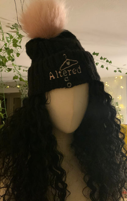 Black Cable Knit Winter Hat with Pom