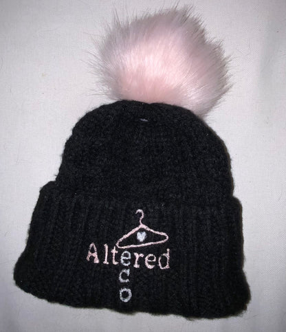 Black Cable Knit Winter Hat with Pom