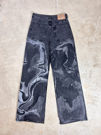 A pair of black and white jeans with a black and white pattern.