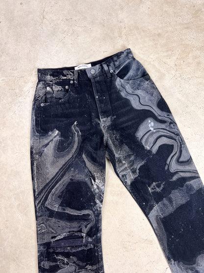 A pair of black and white jeans with a black and white pattern.