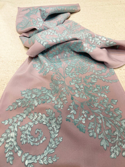 Lavender scarf with a shimmery turquoise fern design painted on