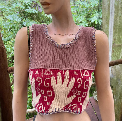 A mannequin is wearing a Hands on cotton knit top in red and white.