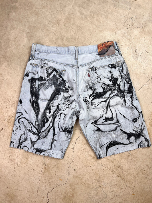 Marble Painted Denim Cut Off Shorts - 36"