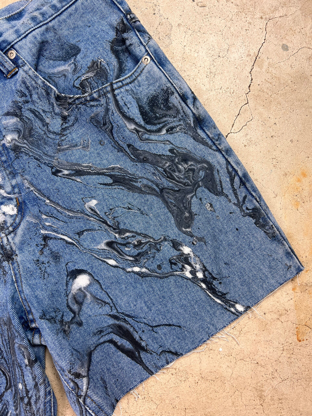 Marble Painted Denim Cut Off Shorts - 32"