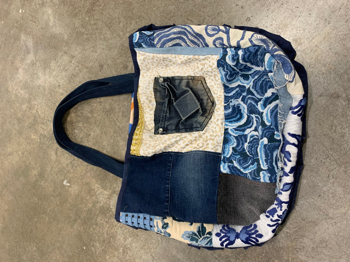 A blue and white handbag.