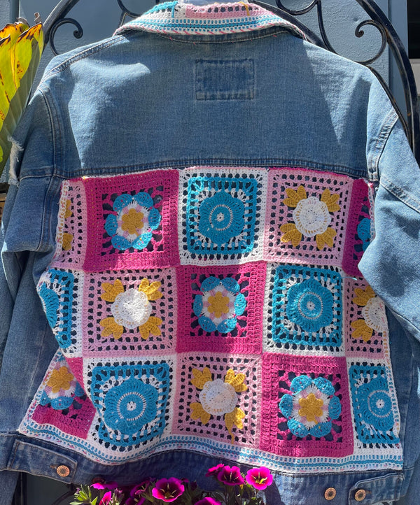 Vintage Upcycled Pastel Crochet Patchwork Oversized Jean Jacket L
