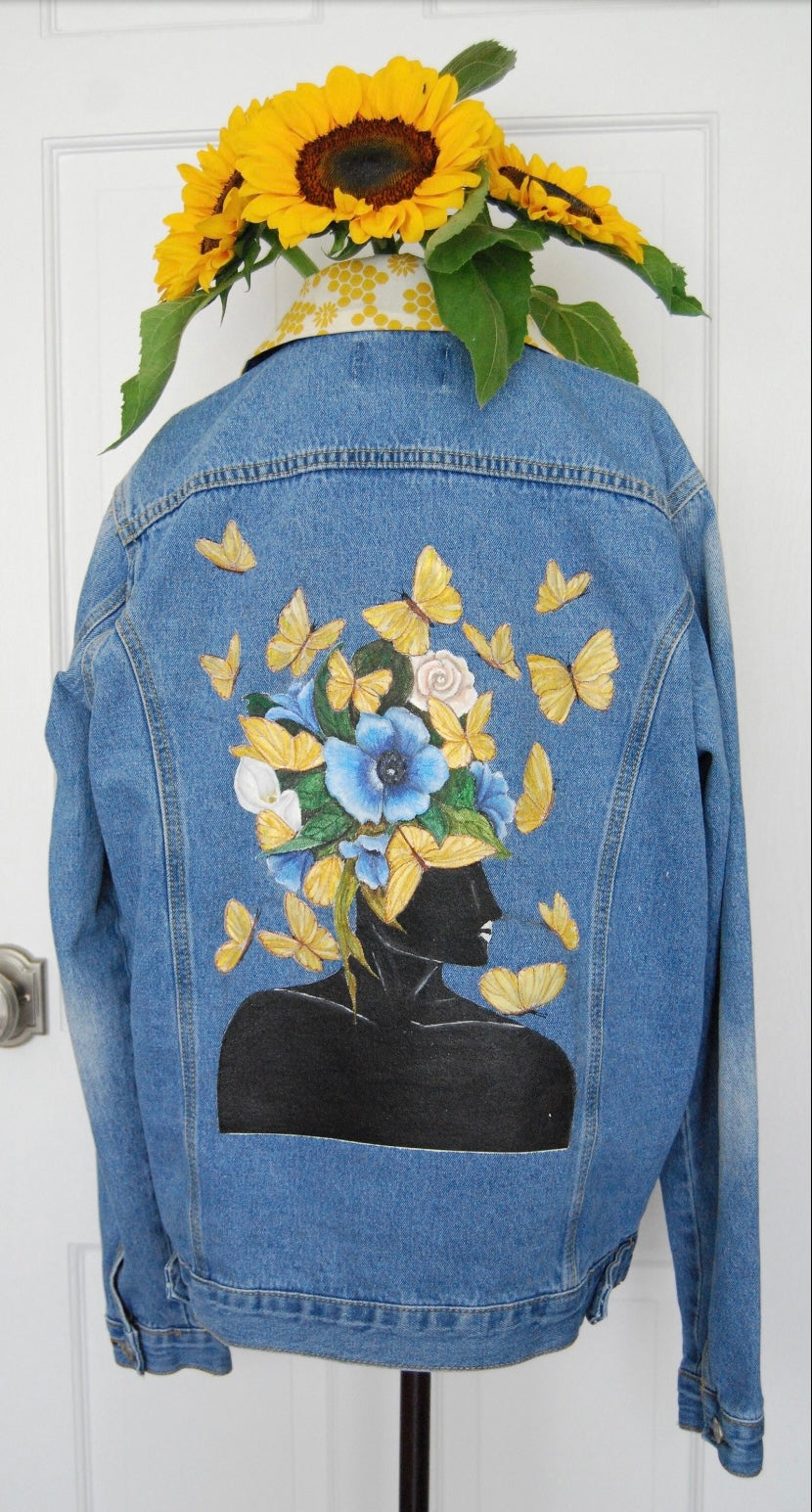 Hand Painted Denium Jacket. Portrait with Yellow Butterflies and Flowers.