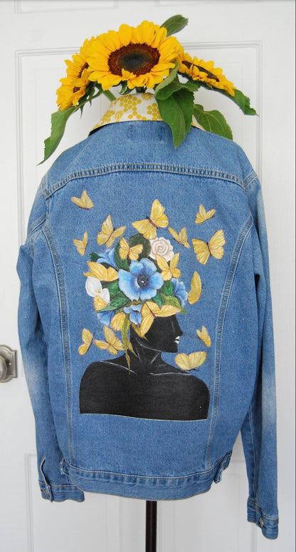 Hand Painted Denium Jacket. Portrait with Yellow Butterflies and Flowers.
