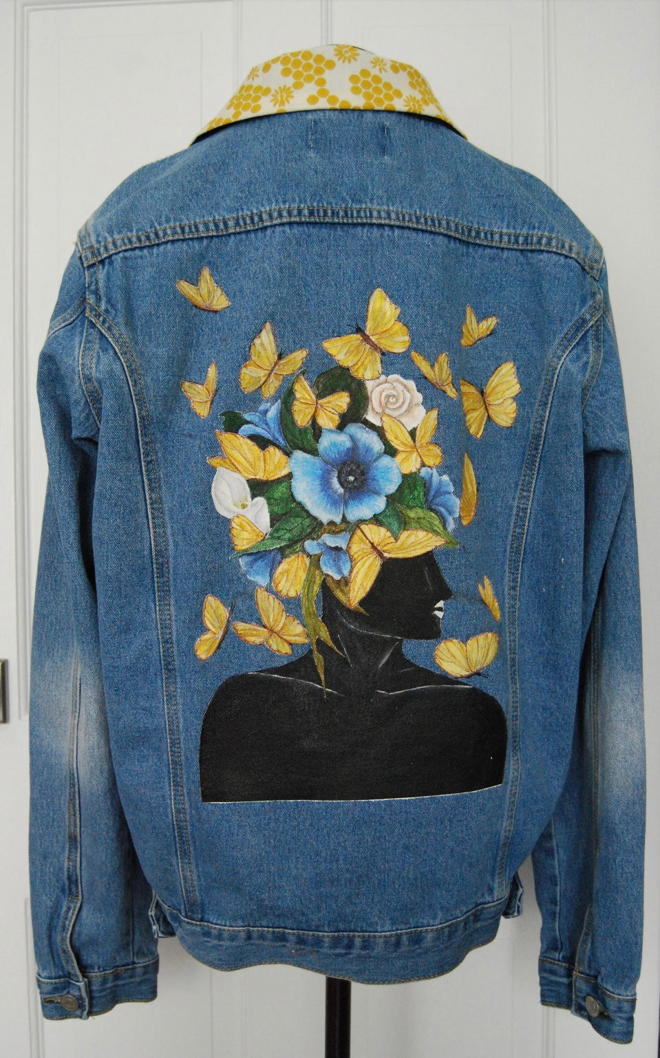 Hand Painted Denium Jacket. Portrait with Yellow Butterflies and Flowers.