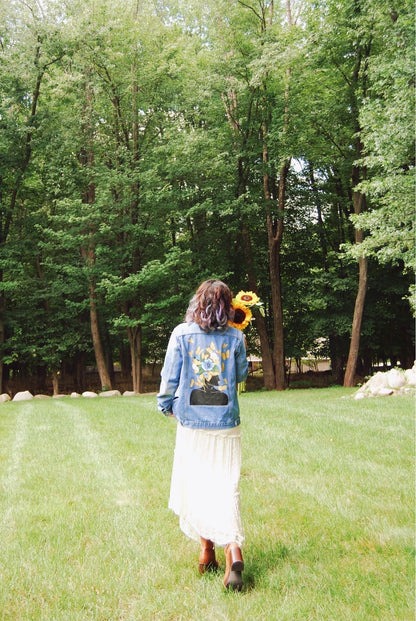 Hand Painted Denium Jacket. Portrait with Yellow Butterflies and Flowers.