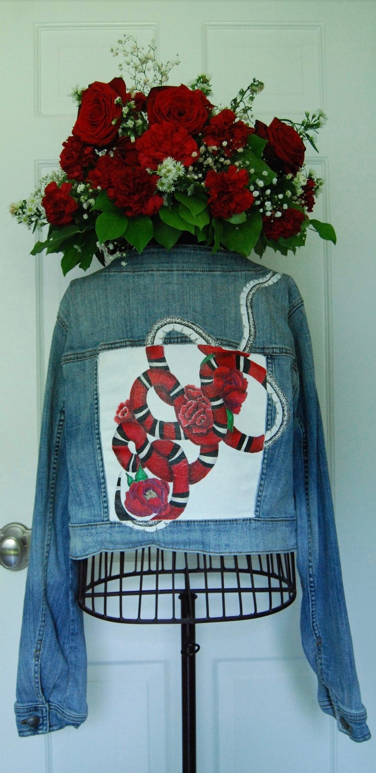 Hand Painted Cropped Denim Jacket - Red Roses and Snake Design.