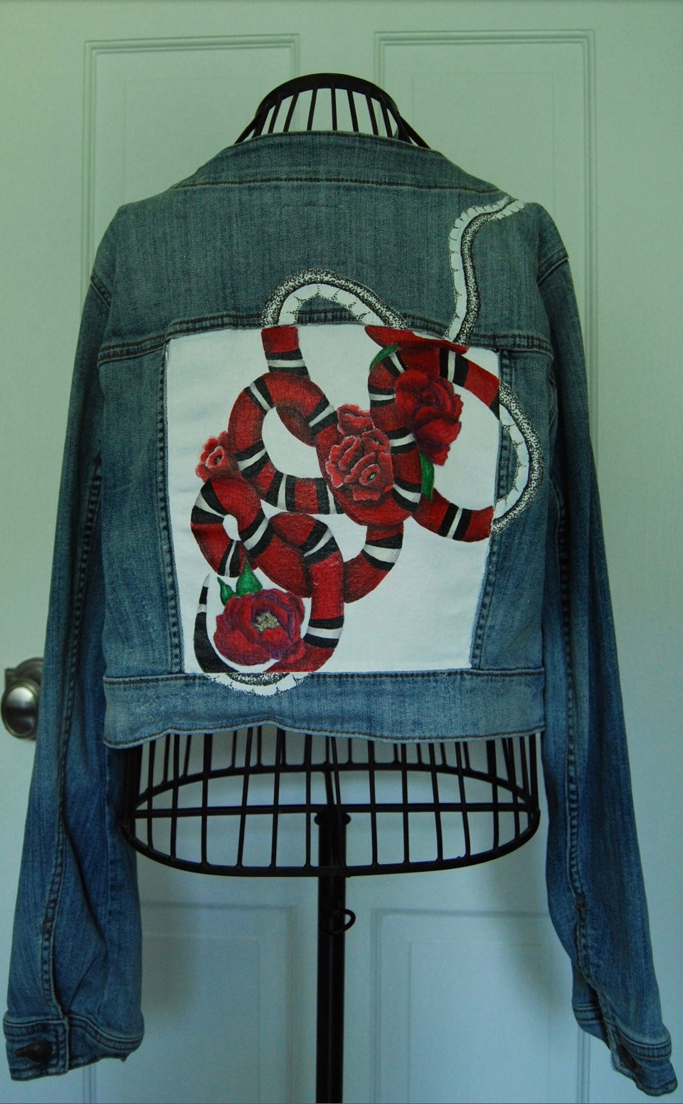 Hand Painted Cropped Denim Jacket - Red Roses and Snake Design.