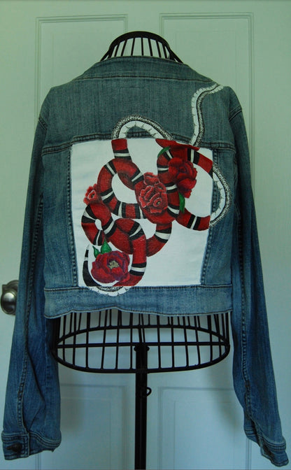 Hand Painted Cropped Denim Jacket - Red Roses and Snake Design.