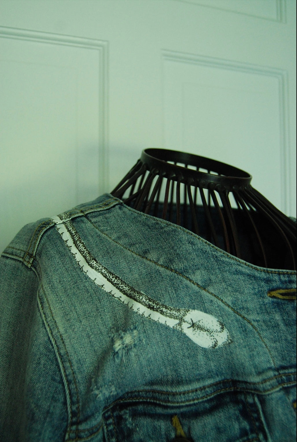 Hand Painted Cropped Denim Jacket - Red Roses and Snake Design.