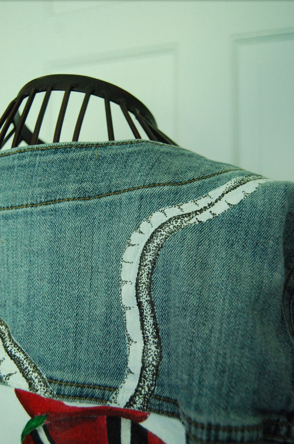 Hand Painted Cropped Denim Jacket - Red Roses and Snake Design.