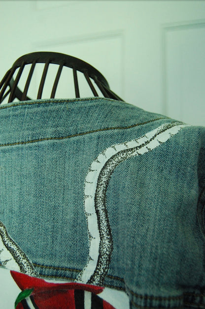 Hand Painted Cropped Denim Jacket - Red Roses and Snake Design.